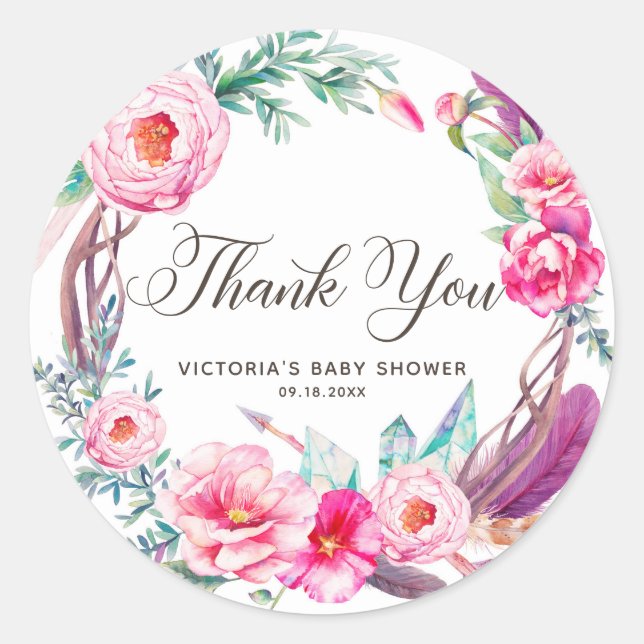 Sticker Rond Boho Aquarelle Peonies roses Merci de couronne (Devant)