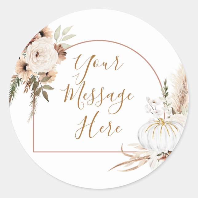 Sticker Rond Boho Arch Blanche Citrouille Florale Votre Message (Devant)