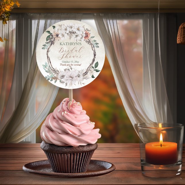 Sticker Rond Boho automnal floral mariage discret (Boho Muted Fall Floral and Grapevine Wreath "Fall in Love" Bridal Shower Collection Favor Stickers)