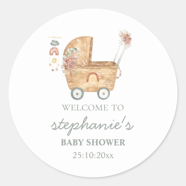 Sticker Rond Boho Baby Carriage Baby shower Bienvenue À (Devant)