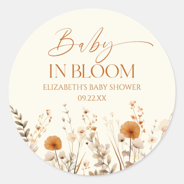 Sticker Rond Boho Baby In Bloom Baby shower Fleur sauvage (Devant)