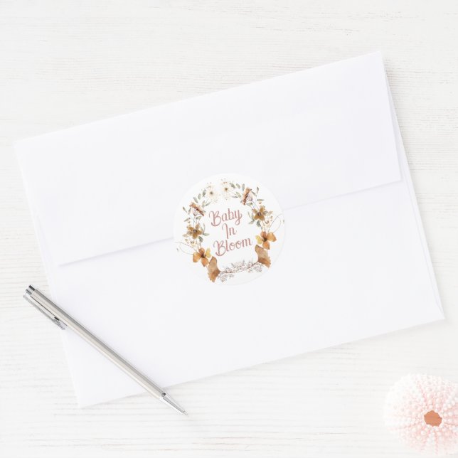 Sticker Rond Boho Baby In Bloom Baby shower Fleur sauvage (Enveloppe)