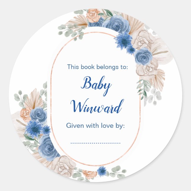 Sticker Rond Boho Blue Pampas Grass Baby shower (Devant)