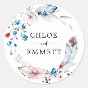 Sticker Rond Boho Blue rose Floral et mariage de plumes Favoris