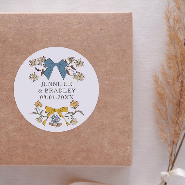 Sticker Rond Boho Blue Yellow Ribbons Floral Wedding Favoriser (Créateur téléchargé)