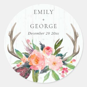 STICKER ROND BOHO BLUSH ANTLER MARIAGE CAMPAGNARD FLORAL EN BOI