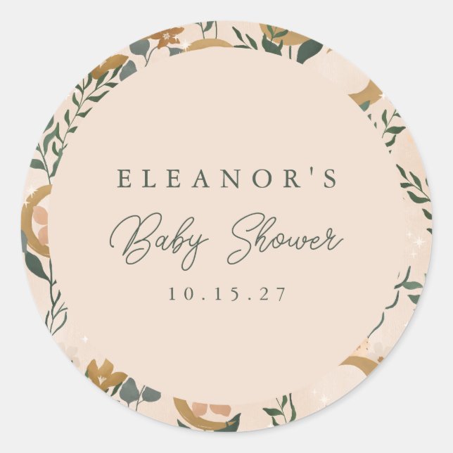 Sticker Rond Boho Blush Green Botanon Baby shower personnalisé (Devant)