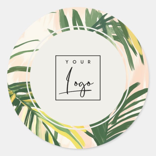 Sticker Rond Boho Blush Green Tropical Palm Feuille Beach Logo (Devant)