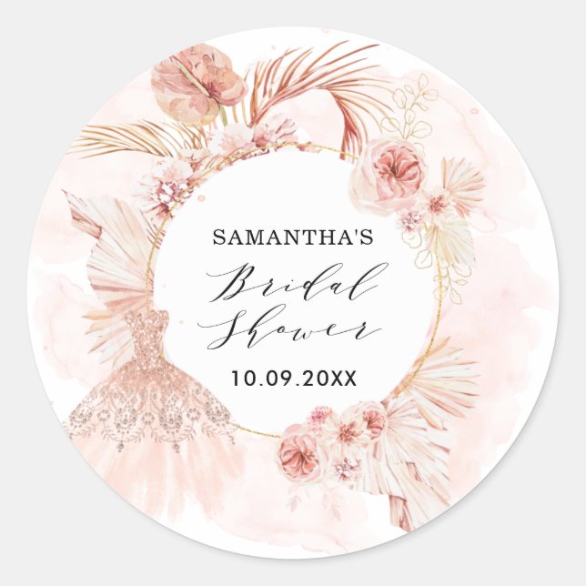 Sticker Rond Boho Blush Pampas Parties scintillant Robe Fête de (Devant)