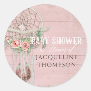 Sticker Rond BOHO Bohemian Dream Catcher Baby shower fille Rose