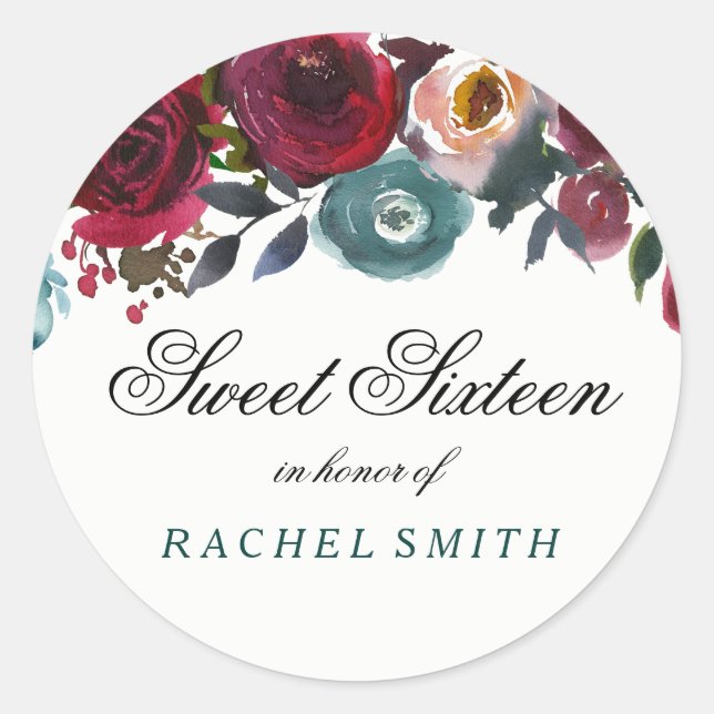 Sticker Rond Boho Bordo Bourgogne Fleurs rouges doux 16 (Devant)