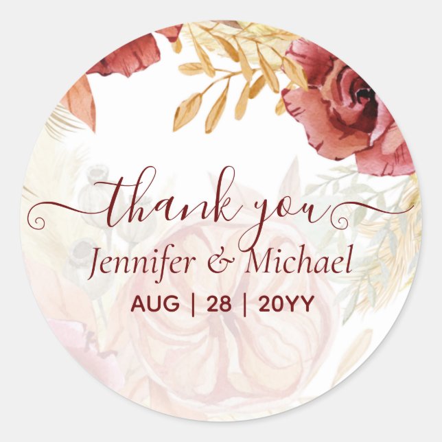 Sticker Rond BOHO Bourgogne Rose Pampas Mariage (Devant)