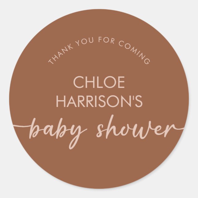 Sticker Rond Boho Brown Terracotta Baby shower Script beige (Devant)