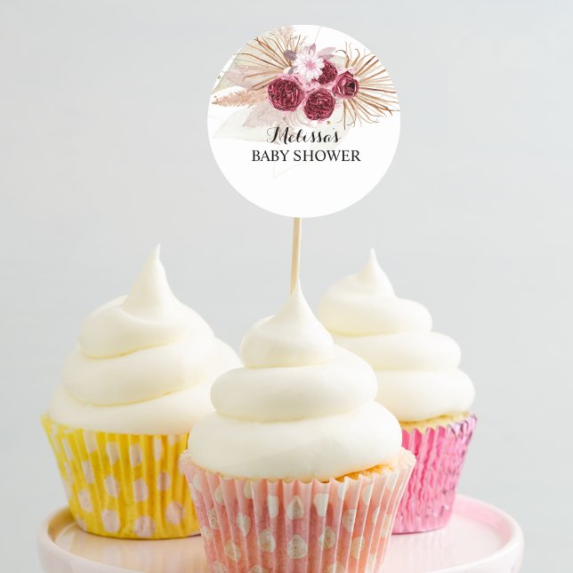 Sticker Rond Boho Burgundy Pampas Pâtes de cupcake de basse (Créateur téléchargé)