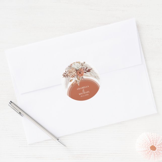 Sticker Rond Boho Burnt Orange Floral & Pampas Grass Mariage (Enveloppe)