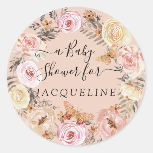 Sticker Rond Boho Butterfly Blush Watercolor Floral Wreath Baby