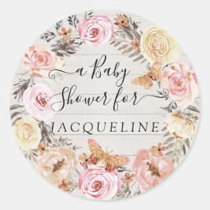Sticker Rond Boho Butterfly rose White Wood Floral Wreath Baby