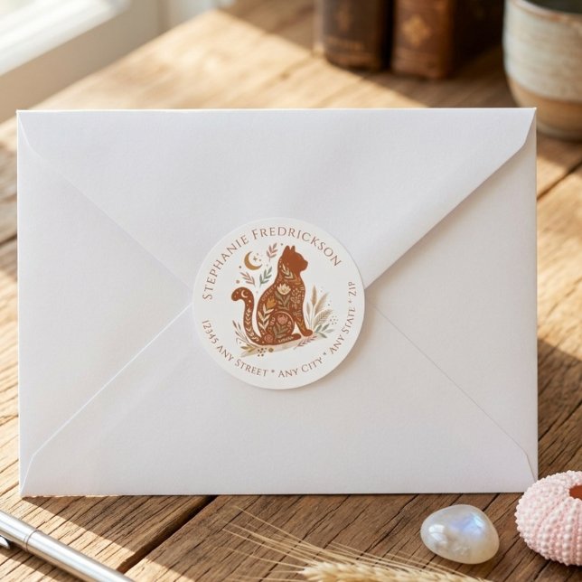 Sticker Rond Boho Cat Lover New Home Floral Celestial Art (Boho cat lover return address label)
