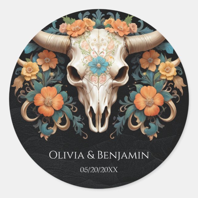 Sticker Rond Boho Chic Aquarelle Floral Vache Mariage crâne (Devant)