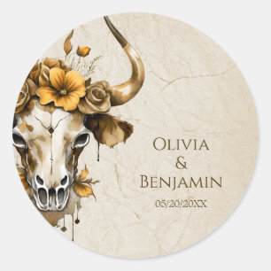 Sticker Rond Boho Chic Aquarelle Floral Vache Mariage crâne