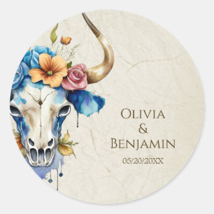Sticker Rond Boho Chic Aquarelle Floral Vache Mariage crâne