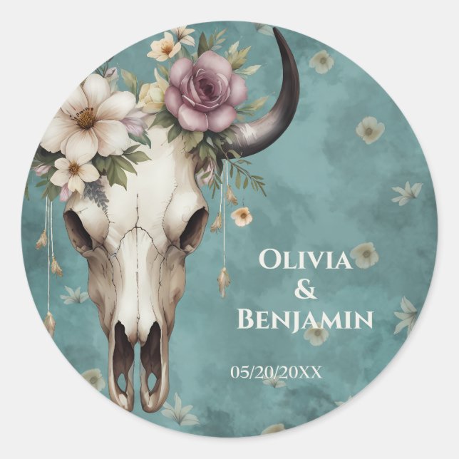 Sticker Rond Boho Chic Aquarelle Floral Vache Mariage crâne (Devant)