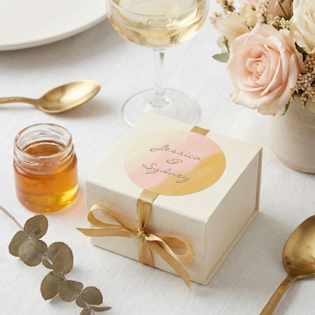 Sticker Rond Boho Chic Aquarelle rose et jaune Nom Mariage (Créateur téléchargé)