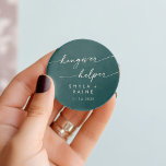 Sticker Rond Boho Chic Blue Hangover Turquoise Helper Favoriser<br><div class="desc">Cette housse de gueule de bois turquoise et chic, qui favorise l'autocollant rond classique, est parfaite pour un mariage minimaliste. La tonalité audacieuse turquoise de bijou moderne design bohème dispose de calligraphie rustique simple avec un style unique mais classique. Personnalisez vos autocollants de faveur avec vos noms et votre date...</div>