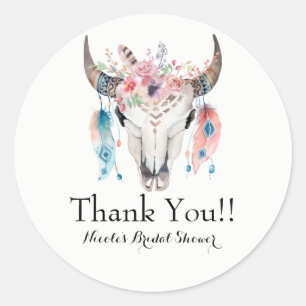 Sticker Rond Boho Chic Bohème Plumes & Crâne de Vache Fête