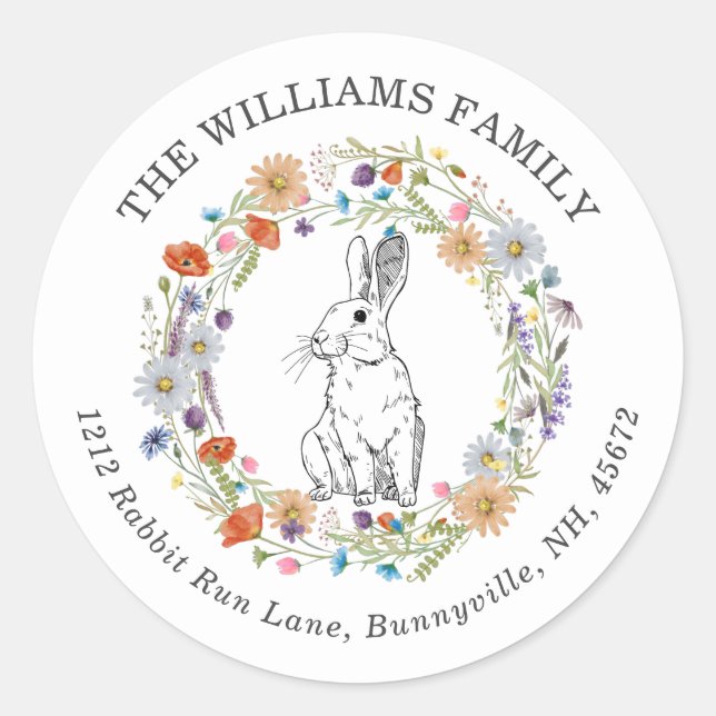Sticker Rond Boho Chic Bunny de Pâques Aquarelle Fleurs sauvage (Devant)
