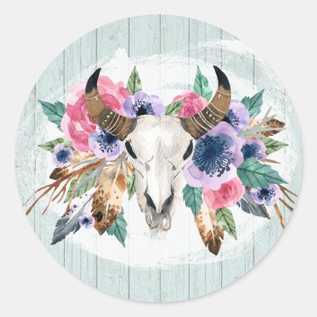 Sticker Rond Boho Chic Crâne de vache Aquarelle Florale Bois ru (Devant)