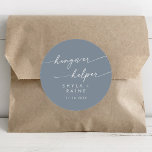 Sticker Rond Boho Chic Dusty Blue Hangover Helper Favoriser<br><div class="desc">Ce boho chic cintré bleu huppé aide à favoriser classique collant rond est parfait pour un mariage minimaliste. Le design moderne et bohème,  bleu clair neutre,  présente une calligraphie rustique simple,  avec un style unique mais classique. Personnalisez vos autocollants de faveur avec vos noms et votre date de mariage.</div>