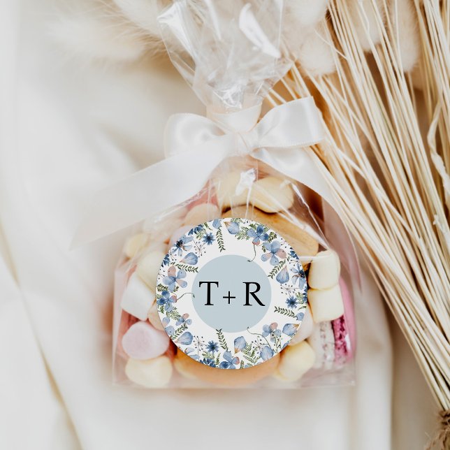 Sticker Rond Boho Chic Dusty Blue Monogram Enveloppe Phoques Fa (Créateur téléchargé)