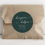 Sticker Rond Boho Chic Emerald Green Hangover Helper Favoriser<br><div class="desc">Ce boho chic vert pastel aide à la gueule de bois en faveur classique rond autocollant est parfait pour un mariage minimaliste. Le design bohème moderne et moderne de la forêt de chasseurs, sombre et maussade, se compose d'une calligraphie rustique simple au style unique mais classique. Personnalisez vos autocollants de...</div>