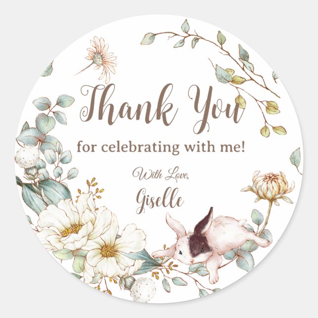 Sticker Rond Boho Chic Fantaisiste Lapin Botanique Floral  (Devant)