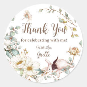 Sticker Rond Boho Chic Fantaisiste Lapin Botanique Floral 