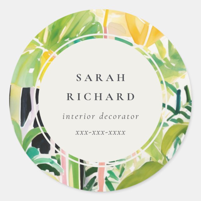Sticker Rond Boho Chic Green Tropical Leafy Foliage Botanical (Devant)