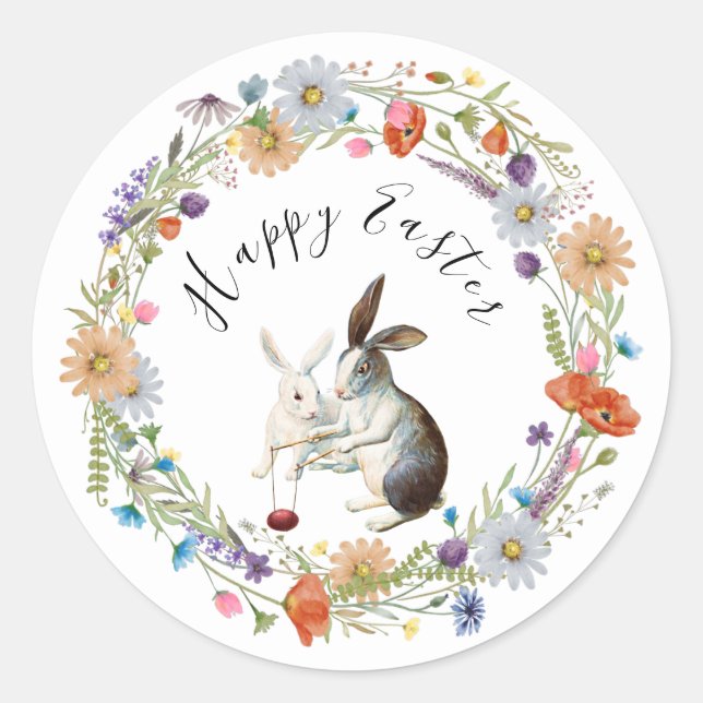 Sticker Rond Boho Chic Happy Bunny Fleur sauvage d'aquarelle de (Devant)