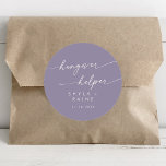 Sticker Rond Boho Chic Lavender Purple Hangover Helper Favorise<br><div class="desc">Ce boho chic lavande violet aide-gueule en faveur classique collant rond est parfait pour un mariage minimaliste. Le design bohème moderne et coloré et pourpre présente une calligraphie rustique simple au style unique mais classique. Personnalisez vos autocollants de faveur avec vos noms et votre date de mariage.</div>