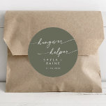 Sticker Rond Boho Chic Olive Green Hangover Helper Favoriser<br><div class="desc">Ce boho chic de gueule vert olive aide à favoriser classique collant rond est parfait pour un mariage minimaliste. La tonalité bohème vert foncé bohème moderne est composée d'une calligraphie rustique simple au style unique mais classique. Personnalisez vos autocollants de faveur avec vos noms et votre date de mariage.</div>