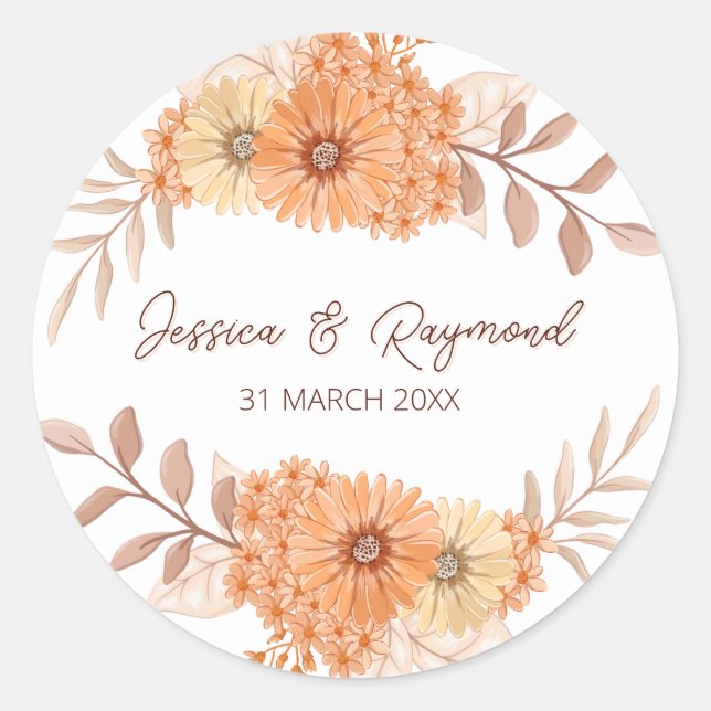 Sticker Rond Boho Chic Orange Floral Mariage (Devant)