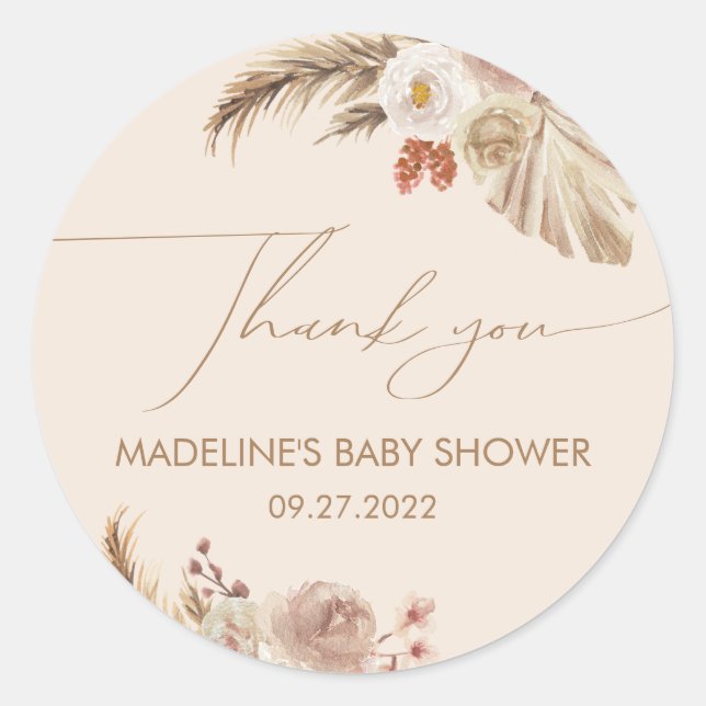 Sticker Rond Boho Chic Pampas Merci Baby shower en herbe (Devant)