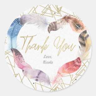 Sticker Rond Boho Chic Plumes Coeur Or Merci Favor