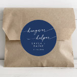 Sticker Rond Boho Chic Royal Blue Hangover Helper Favoriser<br><div class="desc">Cette housse de gueule de bois chic bleu royal favorise l'autocollant rond classique est parfait pour un mariage minimaliste. Le design bohème moderne bleu foncé et audacieux présente une calligraphie rustique simple avec un style unique mais classique. Personnalisez vos autocollants de faveur avec vos noms et votre date de mariage....</div>