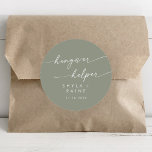 Sticker Rond Boho Chic Sage Green Hangover Helper Favoriser<br><div class="desc">Ce boho chic sauge verdoyant aide à favoriser classique collant rond est parfait pour un mariage minimaliste. La tonalité neutre en terre verte design bohème moderne se caractérise par une calligraphie rustique simple au style unique mais classique. Personnalisez vos autocollants de faveur avec vos noms et votre date de mariage....</div>