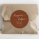 Sticker Rond Boho Chic Terracotta Hangover Helper Favoriser<br><div class="desc">Ce boho chic cintre en terre cuite aide à favoriser classique collant rond est parfait pour un mariage minimaliste. Le design moderne et bohème orangé terreux présente une calligraphie rustique simple,  avec un style unique mais classique. Personnalisez vos autocollants de faveur avec vos noms et votre date de mariage.</div>