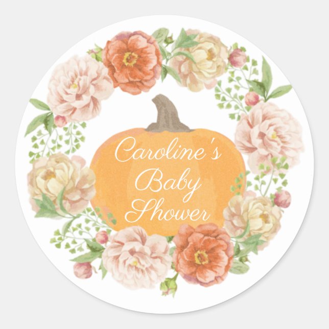 Sticker Rond Boho Citrouille Automne Baby shower Aquarelle Wrea (Devant)