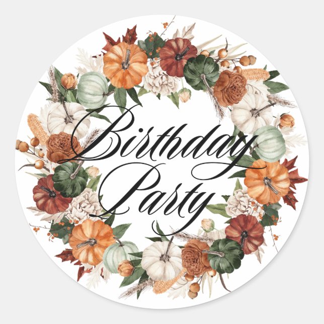 Sticker Rond Boho Citrouille Wreath Automne fête d'anniversaire (Devant)