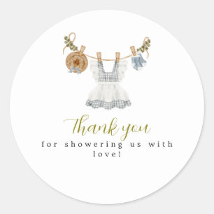Sticker Rond Boho Clothesline Girl bleu et blanc aquarelle
