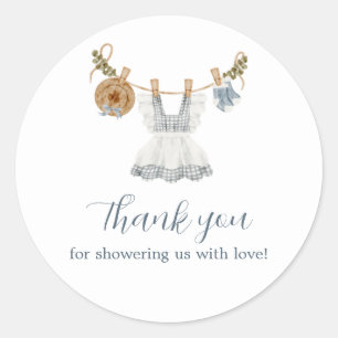Sticker Rond Boho Clothesline Girl bleu et blanc aquarelle